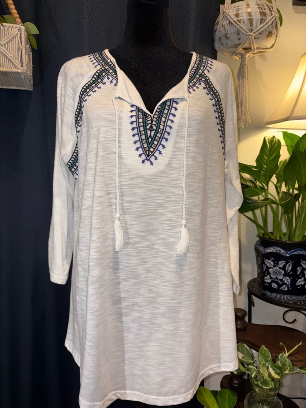 Style & Co. White Tunic with Blue & Teal Embroidery